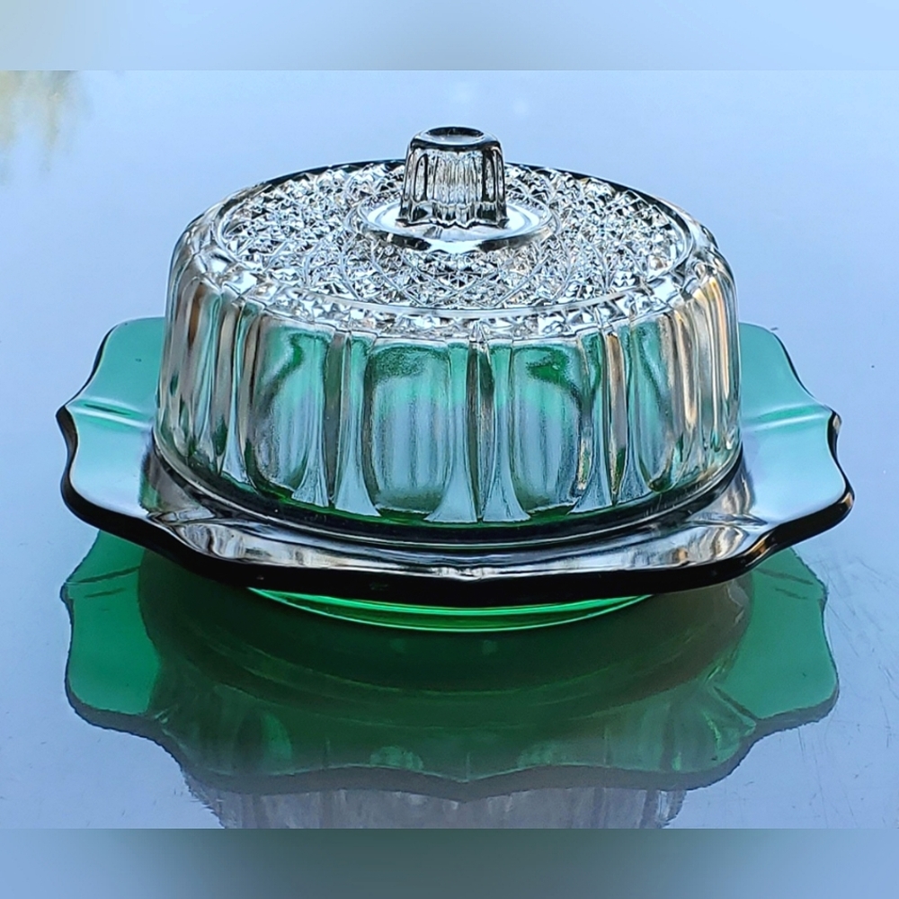 Green & Clear Glass 5" "Blue Moon" Lidded Dish/Plate Imperial Glass-Ohio 🇺🇸
